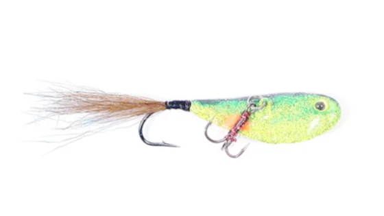 Блешня "бокоплав" КАРЛСОН 15гр.candy-yellow,зелена спинка,гачок-хутро+пропелер,об`емні очі